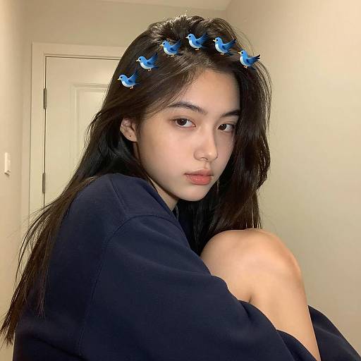 Young Woman with Blue Bird Emoji Filter Indoors