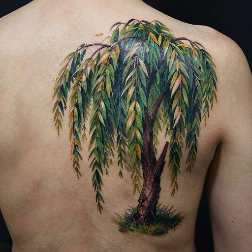 Photograph of a colorful tattoo on a bare back depicting a weeping willow tree with green and yellow leaves, brown trunk, and grass at its