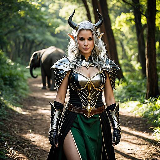 Fantasy Elf Woman in Golden Armor with Elephant