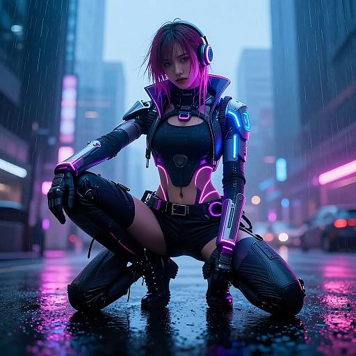 Cyberpunk woman in neon-lit, rainy city, crouching with glowing pink accents on black armor, wet hair, futuristic headset, and