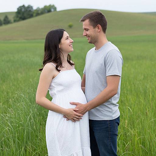 Photograph of a smiling pregnant couple in a grassy field, with the man in a gray t-shirt and the woman in a white dress, holding