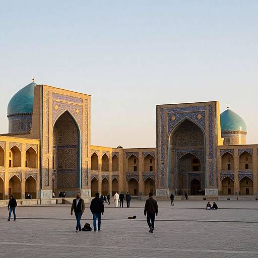 Photograph of a sunlit, historic Islamic courtyard with blue-tiled domes and intricate archways, surrounded by people walking and sitting.