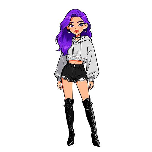 Digital illustration of a young woman with purple hair, wearing a white hoodie, black frayed shorts, and black knee-high boots, standing against a white