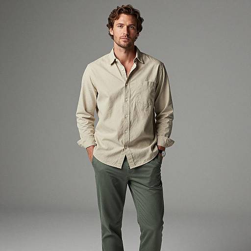 Man in Casual Beige Shirt and Green Pants
