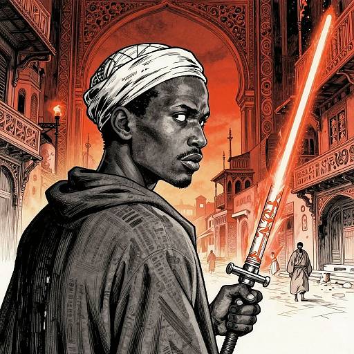 Digital art: Black man with white turban, dark robe, holding glowing red lightsaber, in ornate, red-tinged, historical mosque
