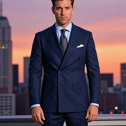 Photograph of a handsome, serious-looking man in a navy double-breasted suit, white shirt, patterned tie, and white pocket square, standing