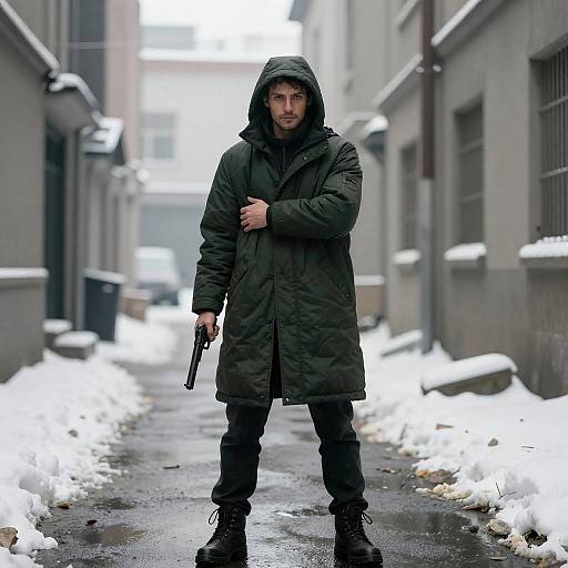 Shadowed Vigilante in Snowy Urban Alley