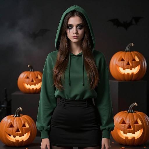 Halloween Woman with Hood and Jack-o'-Lanterns