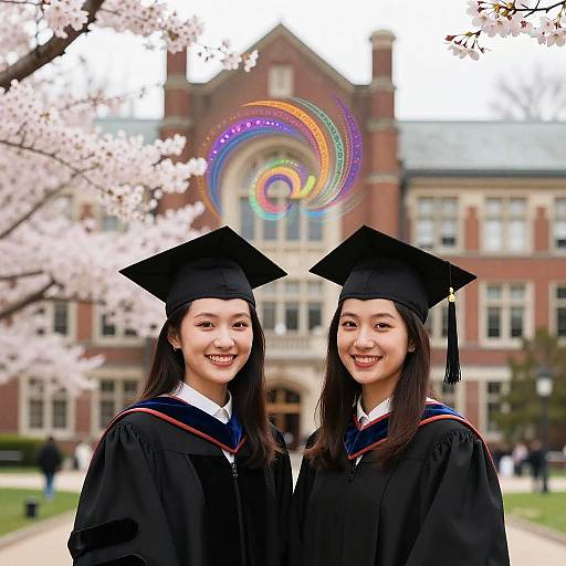 Photograph of two Asian women in black graduation gowns and caps, smiling, with a rainbow halo above them, in front of a red brick building