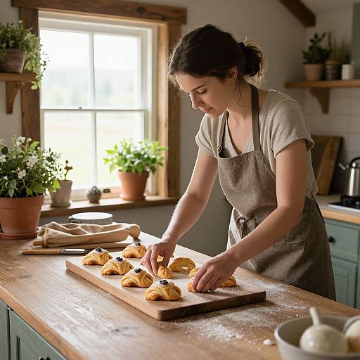 Photograph of a young woman with dark hair in a bun, wearing a beige apron, arranging pastries on a wooden board in a sunlit