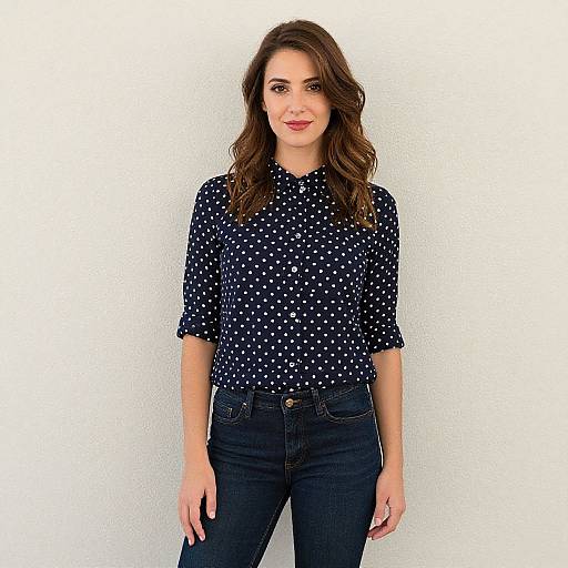 Photograph of a smiling woman with wavy brown hair, wearing a navy polka dot blouse and dark jeans, standing against a white wall.