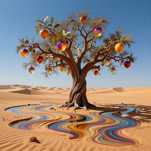 Digital artwork of a vibrant desert tree with colorful, rainbow-hued fruit and swirling, multicolored sand patterns beneath it.