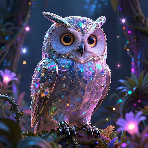 Crystalline Cybernetic Owl in Neon Jungle
