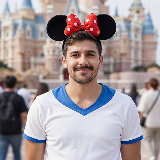 Photograph of a smiling man with dark hair and beard, wearing a white shirt with blue trim, and a Minnie Mouse headband with a red