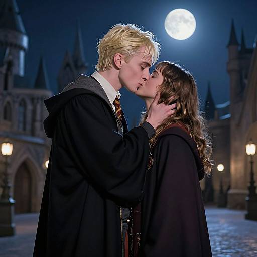 Blonde boy and brunette girl kiss under full moon in Hogwarts courtyard, wearing black school robes, illuminated by lampposts. (Photorealistic