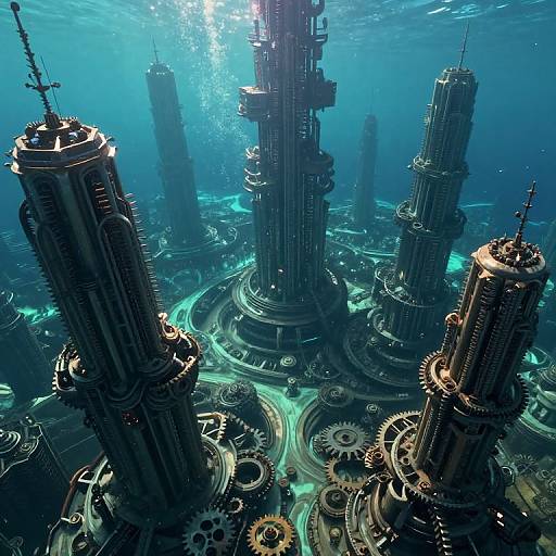 Digital artwork of a futuristic underwater city with towering, cylindrical skyscrapers adorned with gears and machinery, bathed in blue light.