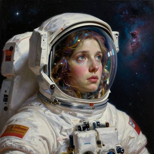 Digital painting of a young woman with wavy brown hair in a white spacesuit with a clear helmet, gazing into space. Background features a star