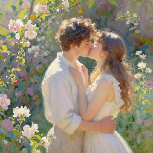 Digital painting of a romantic couple kissing in a sunlit, flower-filled garden. The man in a white shirt and the woman in a lace dress embrace