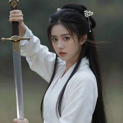 Photograph of an East Asian woman with long black hair, wearing a white kimono, holding a gold-hilted sword, standing outdoors.