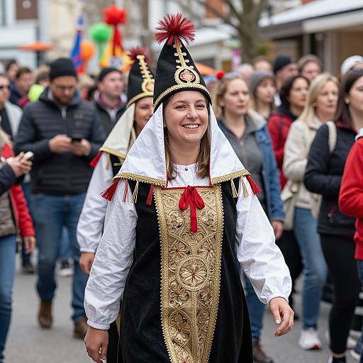 Photograph of a smiling young girl in medieval costume with black and gold robe, white hood, and red pom-pom, walking in a crowded,