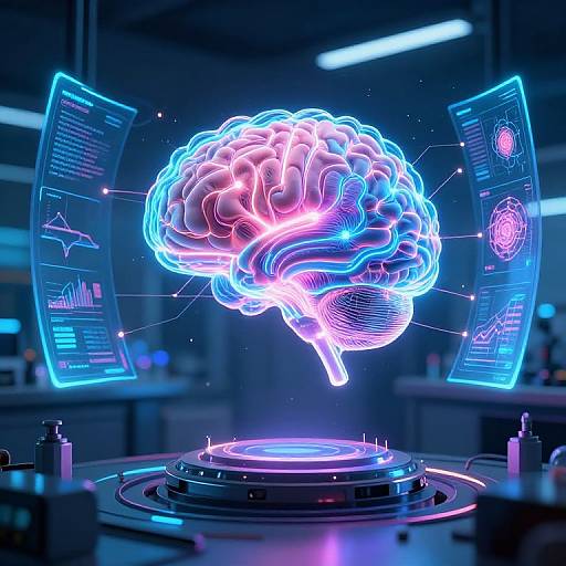 Digital CGI of a glowing, neon-blue and pink human brain hovering above a futuristic circular platform, surrounded by holographic screens.