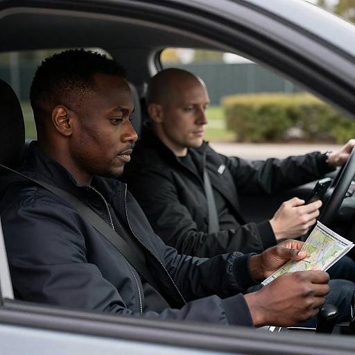 Two Men Navigating a Route in Car