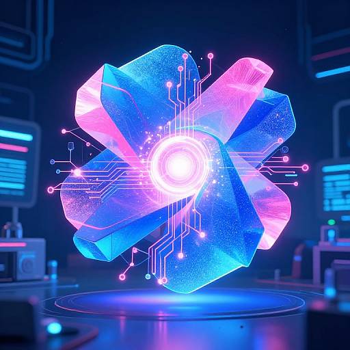 Digital CGI of a glowing, neon blue and pink, futuristic, swirling flower with circuit lines and a bright white center, floating in a dark, high