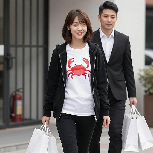 Smiling Young Asian Woman Walking with Man
