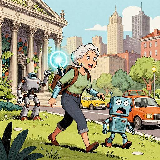 Colorful cartoon: Grey-haired woman with glowing orb, backpack, blue jeans, green top, walks with three small, expressive robots on city street.