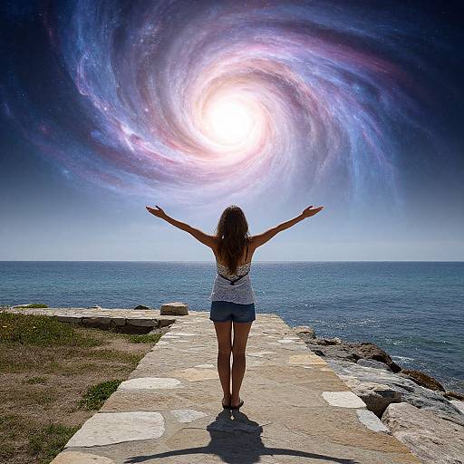 Photograph of a woman with outstretched arms, standing on a stone path by the sea, facing a vibrant, swirling sun in the sky.