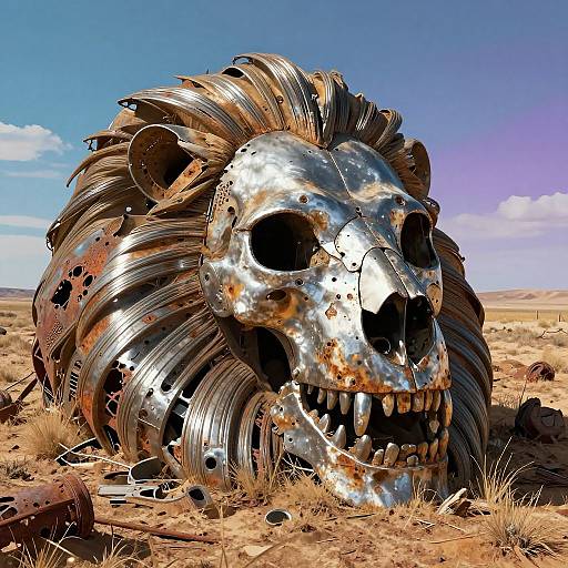 Photograph of a rusted, metallic skull sculpture with spiral 