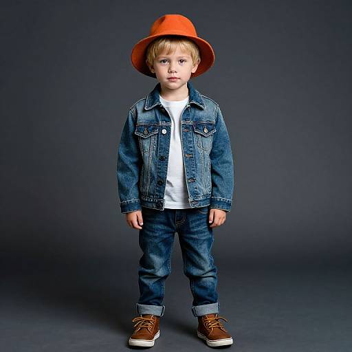 Photograph of a young boy with blonde hair, wearing a bright orange hat, blue denim jacket, white shirt, blue jeans, and brown shoes,