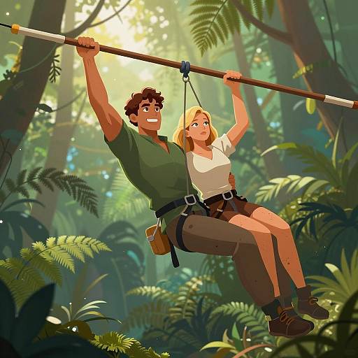 Adventurous Couple Swinging through Jungle