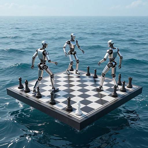 Photograph of three white robotic chess pieces playing on a floating checkerboard chessboard in a blue ocean under bright sunlight.