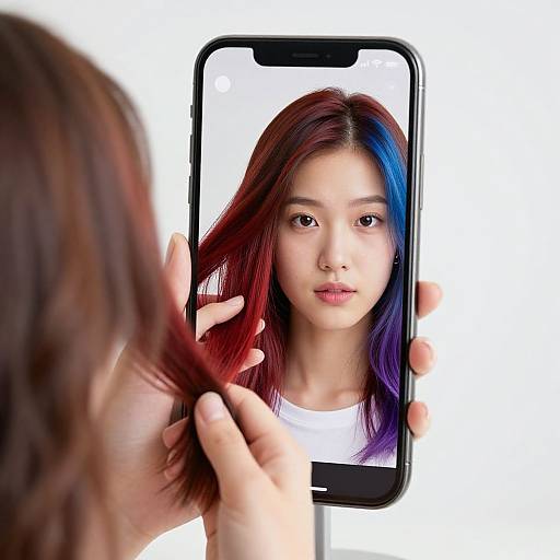 Photograph of an Asian woman with red and blue hair, reflected in a smartphone screen, held by a person with brown hair. White background.