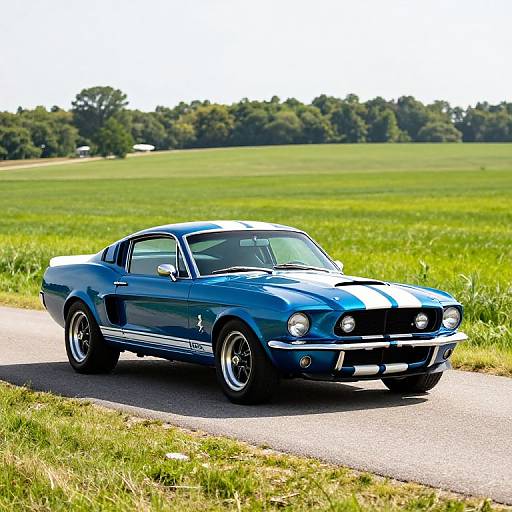Photograph of a vibrant blue classic Ford Mustang convertible with black racing stripes, parked on a rural road with lush green fields and trees in the background.