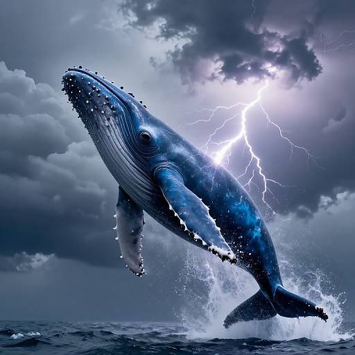 Photorealistic digital artwork: massive blue whale with glowing bioluminescent spots, leaping from turbulent ocean, lightning illuminating stormy sky.