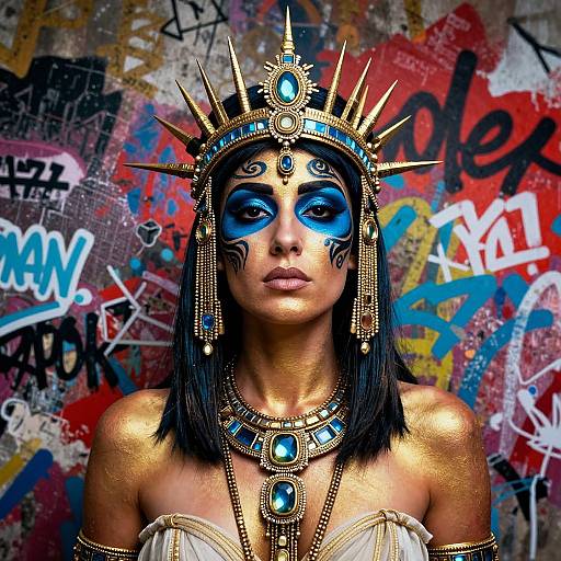 Photograph of a woman with blue face paint, golden body, black hair, Egyptian headpiece, and jewelry, against a colorful graffiti wall.