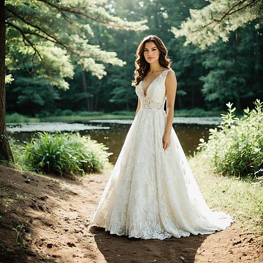 Bride in White Lace Wedding Dress in Forest