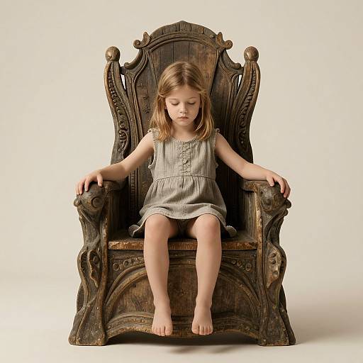 Photograph of a young girl with light brown hair, wearing a grey sleeveless dress, sitting solemnly on an ornate, wooden throne with intricate