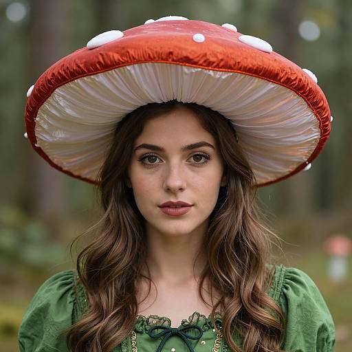 Photograph of a young woman with long brown hair, green dress, and oversized red-and-white mushroom hat in a forest.