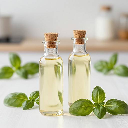 Bottles of Basil Oil with Fresh Basil Leaves