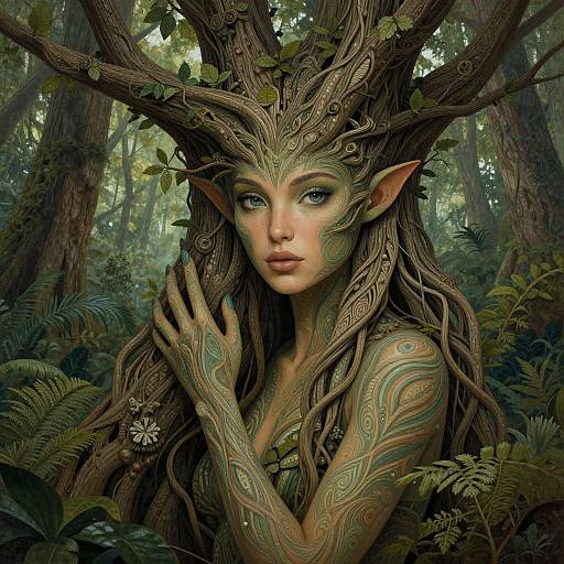 Digital fantasy artwork of an elf-like woman with green tattoos, long brown hair, pointed ears, and intricate tree crown, standing in a lush forest.