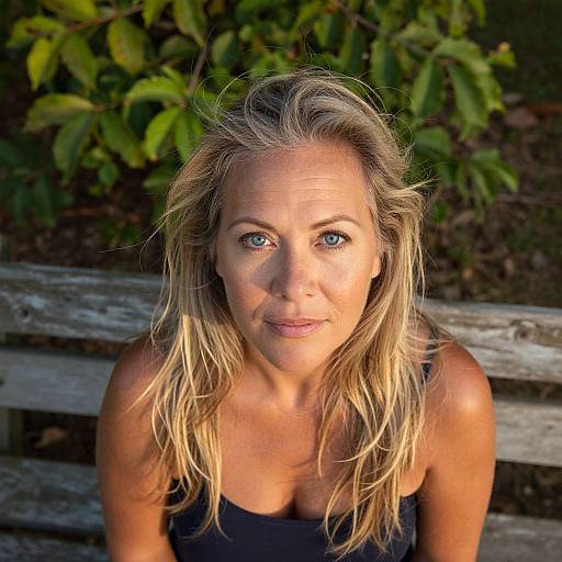 Photograph of a blonde woman with blue eyes, wearing a black tank top, sitting on a wooden bench, with green foliage in the background, looking