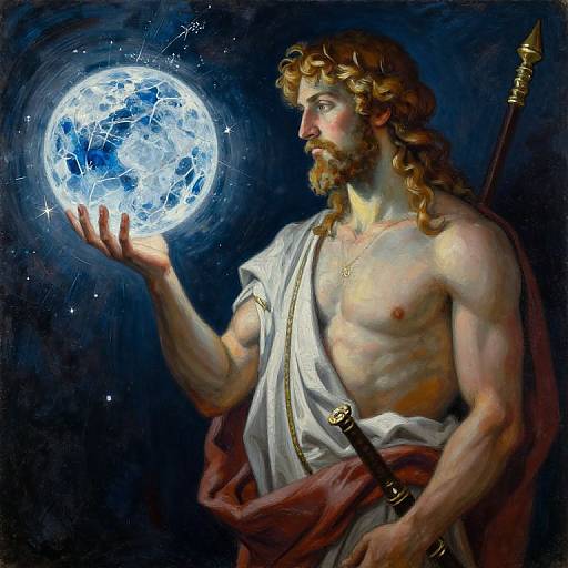 Digital painting of a muscular, bearded, long-haired man with wavy hair, holding a glowing, cracked moon in his right hand. He wears