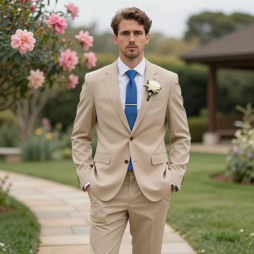 Groom in Tan Suit with Blue Tie in Garden