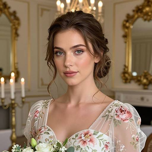 Photorealistic portrait of a beautiful young woman with blue eyes, brown hair in a loose updo, wearing a floral lace wedding dress, standing in