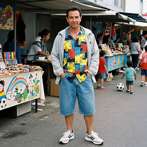 Photograph of a man with short black hair, wearing a colorful abstract shirt, denim shorts, and white sneakers, standing in a busy outdoor market with