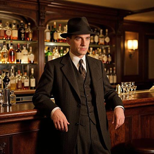 Photograph of a man in a dark pinstripe suit, white shirt, black tie, and black bowler hat, leaning on a bar with