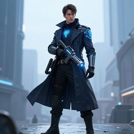 CGI image of a serious, dark-haired man in a black, long coat with glowing blue accents, holding a futuristic gun, standing in a fog